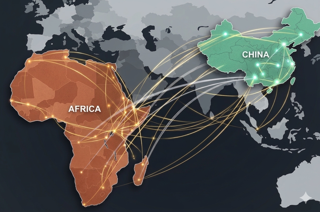 World map highlighting shipping routes from China to Central and East Africa